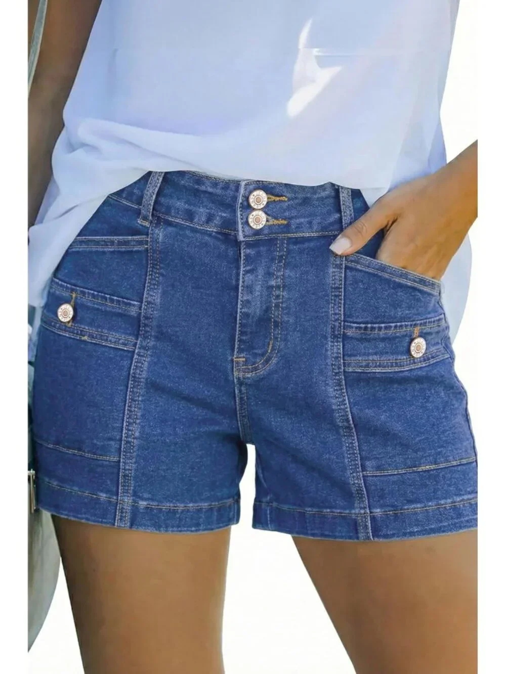 Women's Sail Blue High Waisted Stretchy Shorts Double Button Denim Jean Shorts